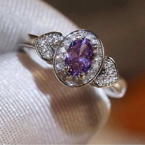 Sterling Silver Amethyst Ring Heart Shaped Cubic Zirconia - Picture 1 of 9